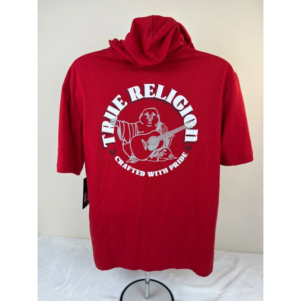 True Religion Mens Circular Buddha Hooded Tee Red Short Sleeve Hoodie Large New